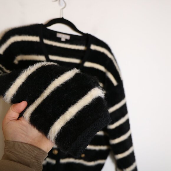 J Crew Lady Sweater Jacket Striped Brushed Yarn Womens Medium Black Fuzzy Button - Picture 6 of 8
